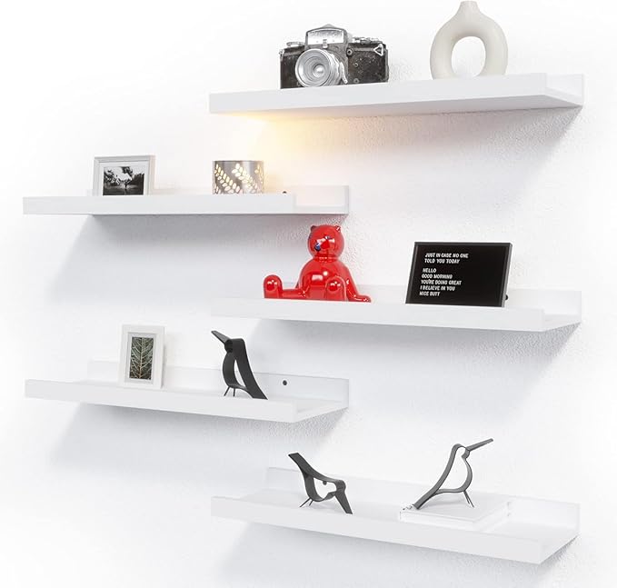 RICHER HOUSE 5 Set White Floating Shelves, Wall Mounted Shelves for Wall Decor, Modern Picture Ledge Shelf with Lip for Stora