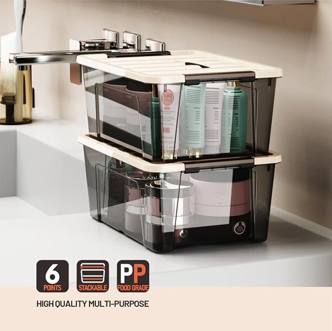 WYT Small Clear 5-Quart Plastic Storage Container Bin with Khaki Secure Lid and Black Latch Buckles, Durable Stackable Nestab