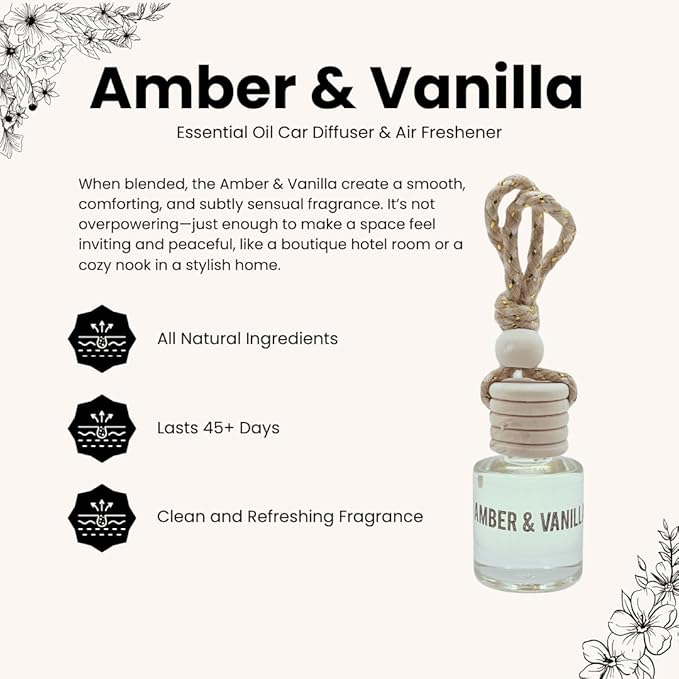 Amber & Vanilla Hanging Car Air Freshener – Long Lasting Essential Oil Diffuser for Car, Closet, Bathroom – 2-Pack Natural Sc