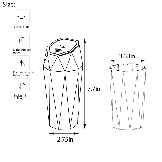 Car Trash Can with Lid，Mini Diamond Design Automatic Portable Trash Can，Small Trash Bin for Automotive Office Home Kitchen (2, Black)
