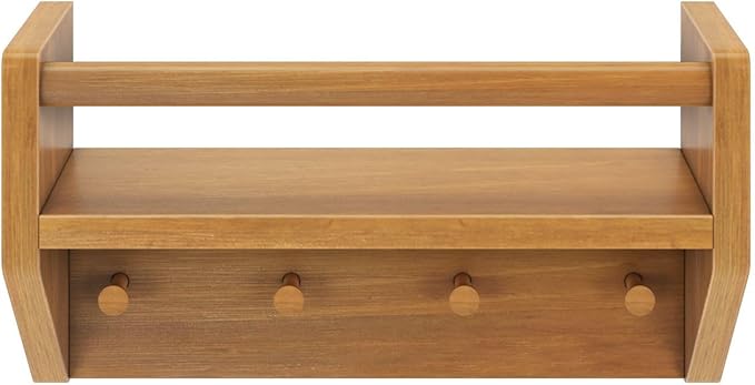 Max & Lily Wall Shelf with Pegs, 16 Inch Floating Bookshelf for Kids Room, Solid Wood Wall-Mounted Storage Shelf with Hooks f