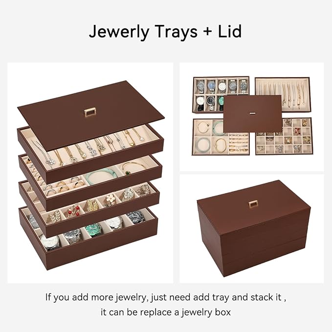 Voova Stackable Jewelry Organizer Tray with Lid, PU Leather Jewelry Storage Holder for Drawer Inserts, Jewellery Display Box 