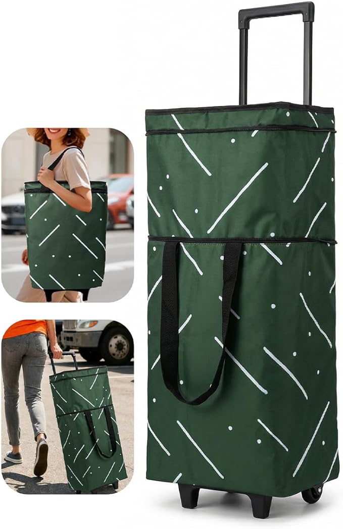 Foldable Rolling Bag, Portable Small Shopping Cart with Wheels, Collapsible Shopping Tote with Stylish Pattern for Market & Grocery Runs–Gift for Women & Seniors, Pro L, Green