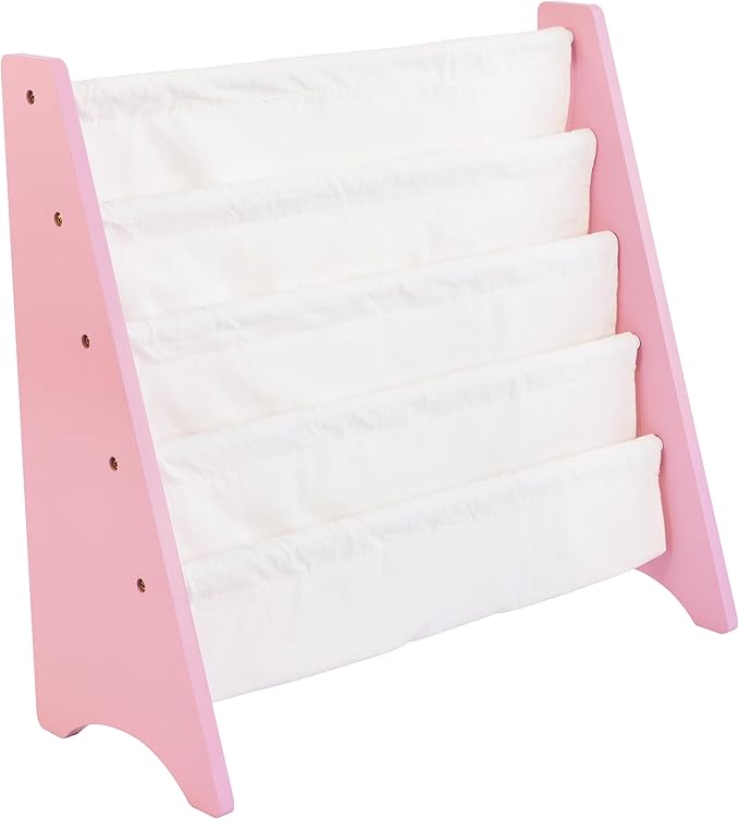 Humble Crew 4-Tier Kids Bookshelf, Pink/White - Premium Book Shelf for Kids Rooms with Four Deep Pockets - Toddler Sling Book