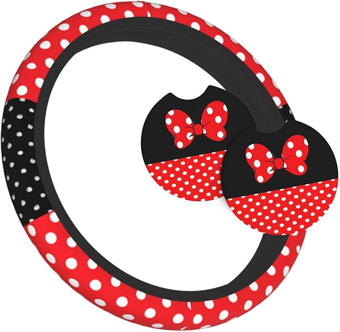 Black Polka Dot Red Bow Steering Wheel Cover,Cute Classic Universal Fit 14-15 inch Steering Wheel Cover for Women Men, Automo