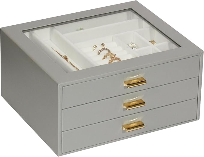 Jewelry Box Organizer with 3 Drawers,Glass Lid Jewelry Boxes for Women,Jewelry Storage for Rings,Necklaces,Earrings,Bracelets