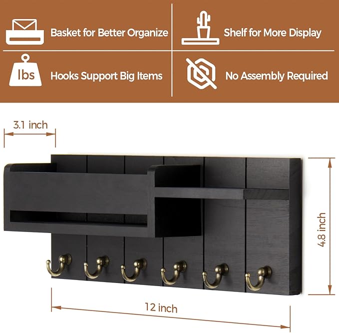 RelaxScene Key Holder Wall Mount - Decorative Key Rack and Mail Organizer with 6 Key Hooks - Wooden Key Hanger with Shelf for