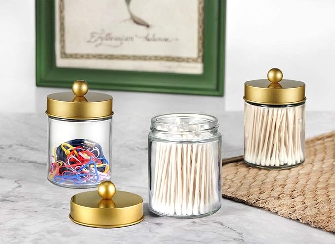 Amolliar 4 Pack Apothecary Jars Bathroom Vanity Storage Organizer Set -Countertop Canister with Stainless Steel Lids &Cute St