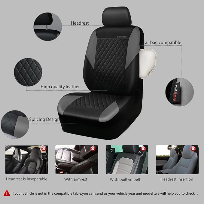 CAR PASS Quilting Leather Seat Covers Full Set,Universal Waterproof Deluxe PU Premium Car Seat Cover with 5mm Composite Spong