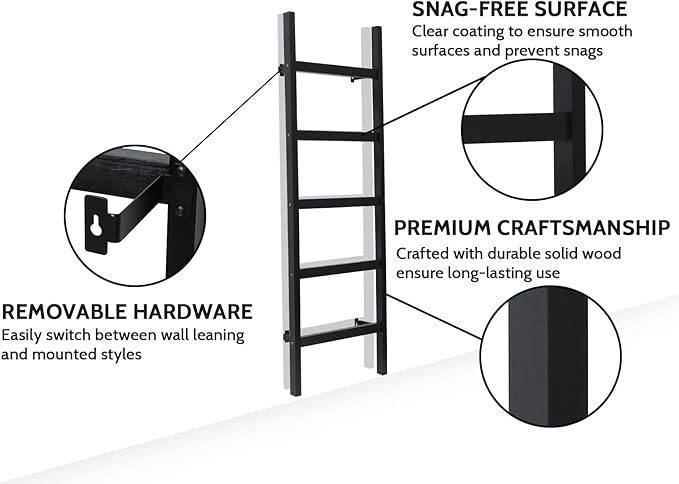 FUIN 57in Wall Mounted Wooden Blanket Ladder Living Room Decorative Farmhouse Quilt Display Holder Rustic Wood Towel Rack for