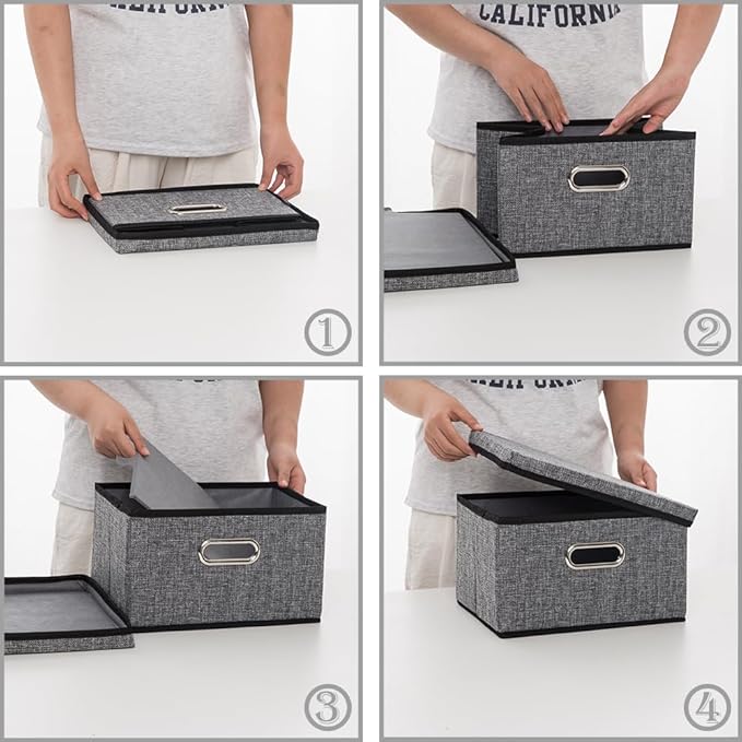 PRANDOM Storage Bins with Lids [3-Pack] Linen Fabric Foldable Storage Boxes Organizer Containers Baskets Cube with Cover for 
