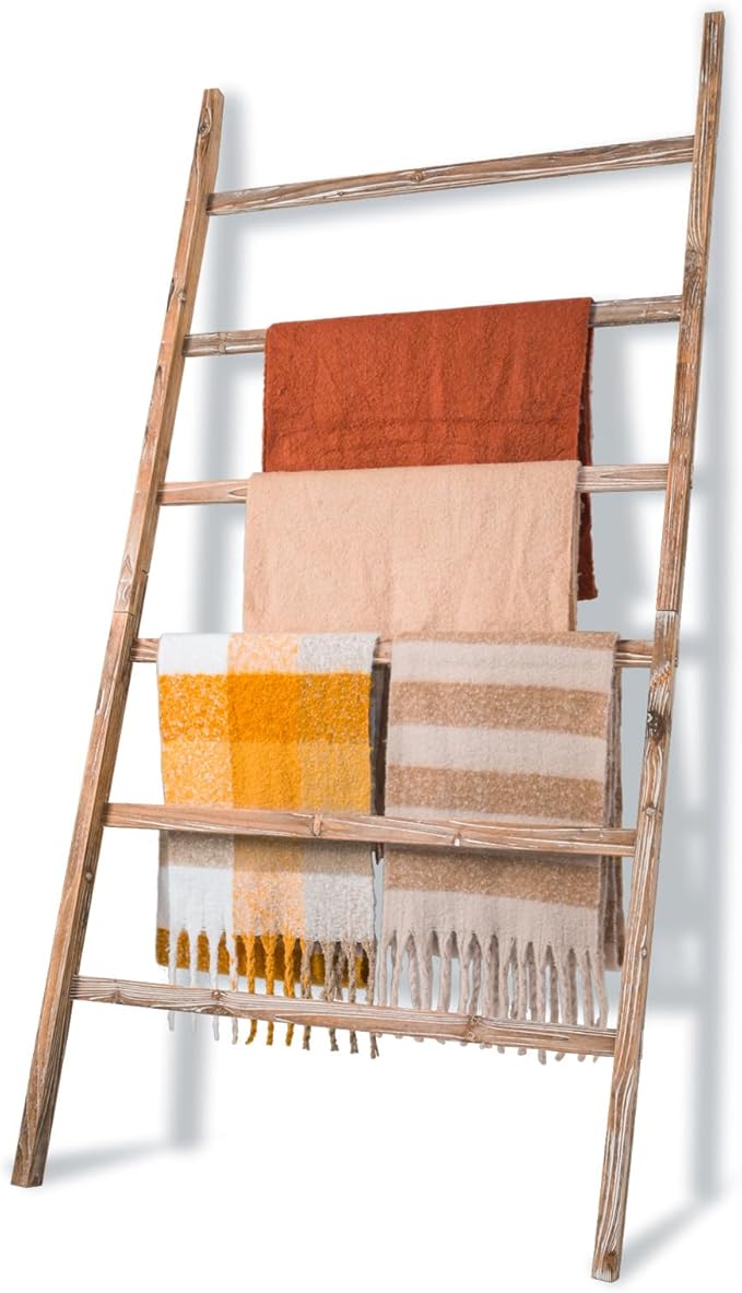 Blanket Ladder Shelf 6.4FT, 38 inch Wide Solid Wooden Blanket Ladder for Living Room, 6-Layer Farmhouse Rustic Towel Rack for