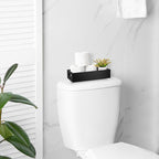 ALELION Black Bathroom Basket - Wooden Toilet Tank Paper Basket with Handle for Organizing - Back of Toilet Storage Organizer