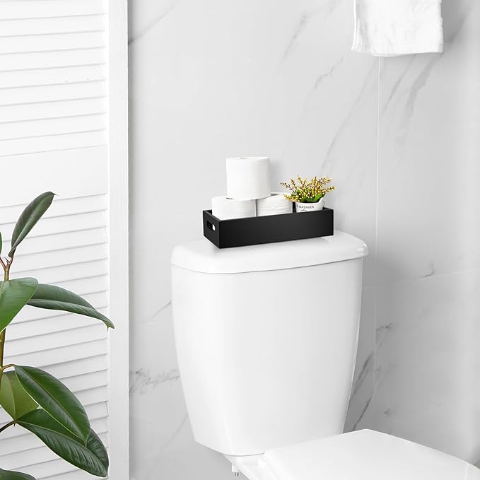 ALELION Black Bathroom Basket - Wooden Toilet Tank Paper Basket with Handle for Organizing - Back of Toilet Storage Organizer