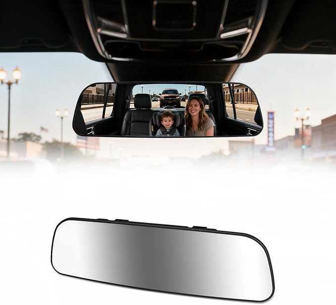 Rear View Mirror, 9.3 Inch Chrome Anti-glare Panoramic Rear Mirrors Universal Convex Car Interior Clip on Extra Big Wide Angle Rearview Mirror Extender to Reduce Blind Spot for Car SUV Truck