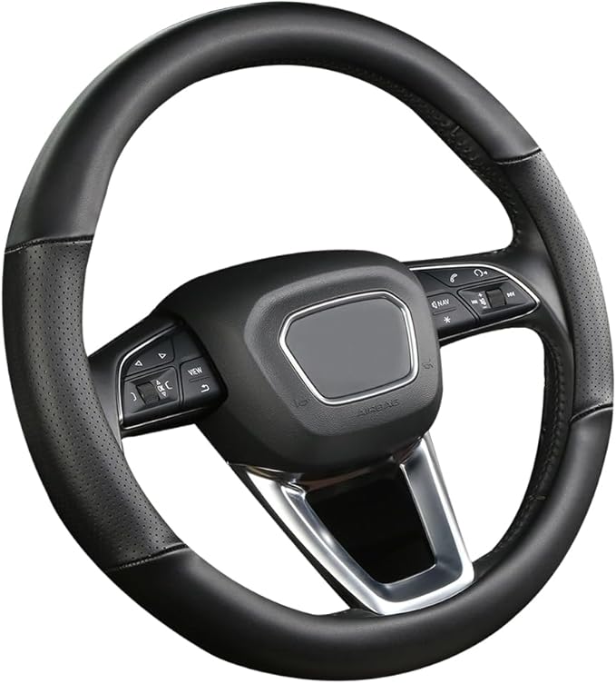 Cxtiy Genuine Leather Steering Wheel Cover with Ventilation Holes Luxury Cowhide,Breathable and Anti-Slip,14.5-15 inch(Black)