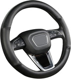 Cxtiy Genuine Leather Steering Wheel Cover with Ventilation Holes Luxury Cowhide,Breathable and Anti-Slip,14.5-15 inch(Black)