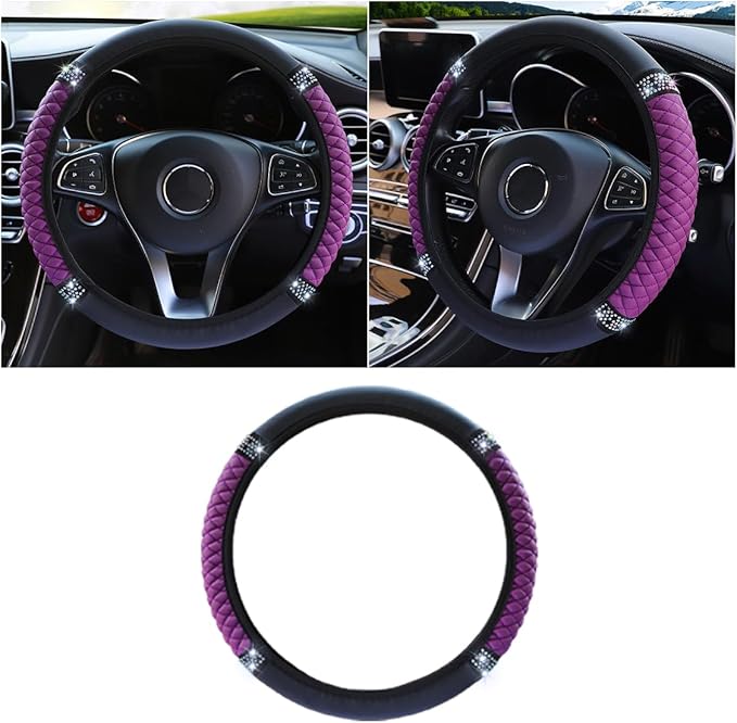 Bling Soft Leather Steering Wheel Cover, 15 Inch Colorful Rhinestones Auto Elastic Protector with Crystal Diamond for Women G
