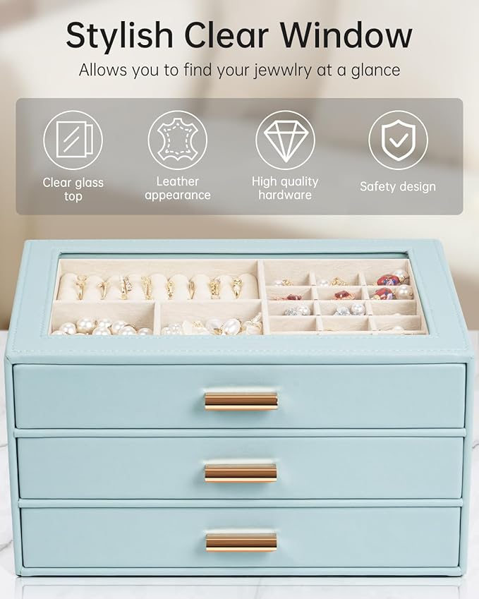 AKOZLIN Jewelry Box with Clear Lid Functional Leather Jewelry Storage Organizer Case 3 Drawers for Women Girls Necklace Ring 
