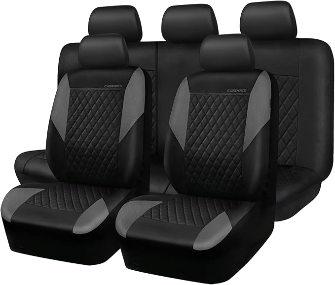 CAR PASS Quilting Leather Seat Covers Full Set,Universal Waterproof Deluxe PU Premium Car Seat Cover with 5mm Composite Spong
