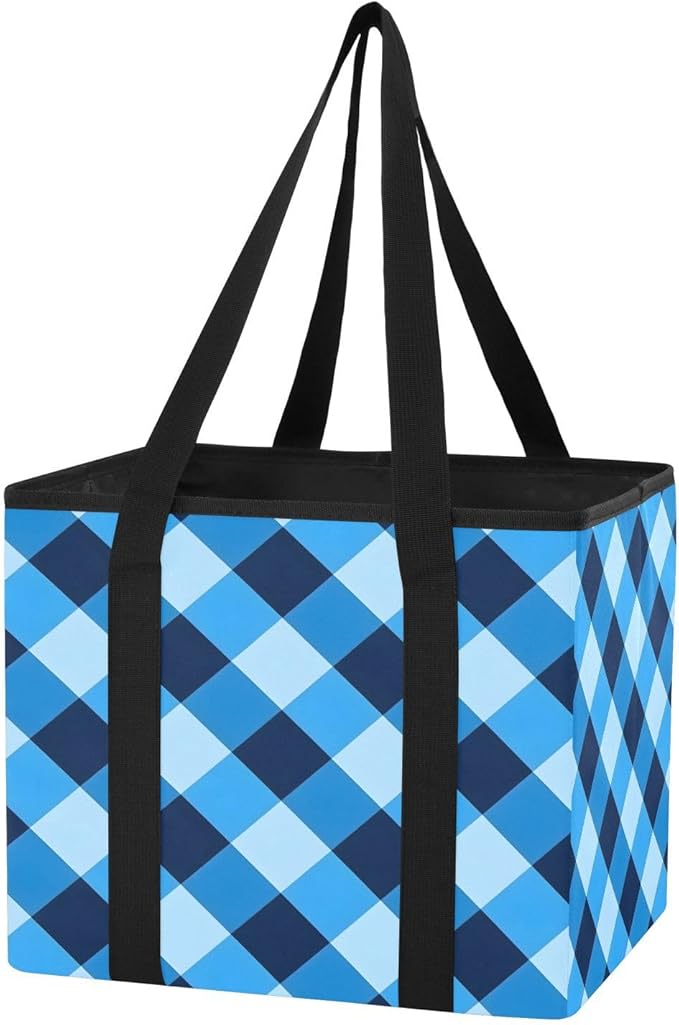 Blue Checkered Reusable Grocery Bags Large Shopping Tote Bag with Reinforced Bottom Board, Water Resistant Foldable Storage B