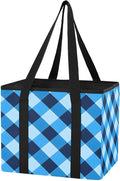 Blue Checkered Reusable Grocery Bags Large Shopping Tote Bag with Reinforced Bottom Board, Water Resistant Foldable Storage B