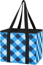 Blue Checkered Reusable Grocery Bags Large Shopping Tote Bag with Reinforced Bottom Board, Water Resistant Foldable Storage B