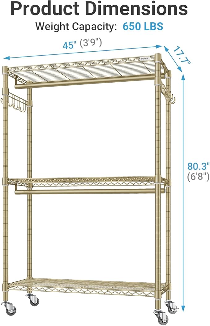 VIPEK R2 Plus Rolling Clothes Rack for Hanging Clothes Heavy Duty Garment Rack 3 Tiers Adjustable Wire Shelving Clothing Rack
