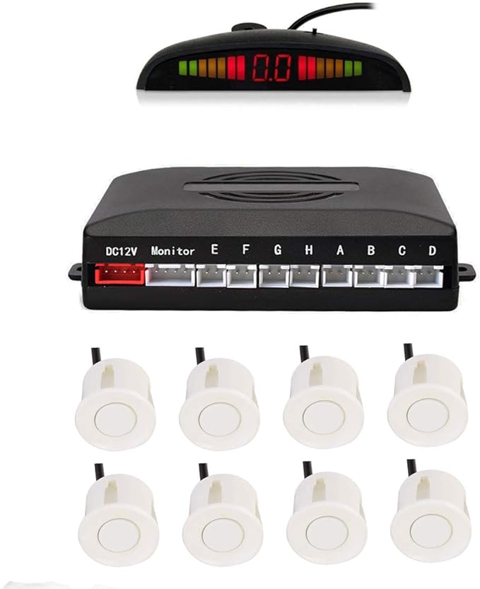 Car Reverse Parking sensors System with 8 Parking Sensors Distance Detection + LED Distance Display + Sound Warning (White Color)