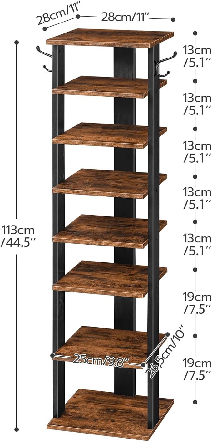 HOOBRO 8 Tiers Vertical Shoe Rack, Wooden Shoe Storage Organizer with Hooks, Narrow Shoe Tower for 8 Pairs, Space Saving, for