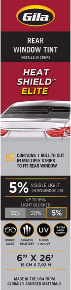 Gila® Heat Shield Elite™ 5% Rear Window Ceramic Automotive Window Tint DIY Advanced Heat Control Glare Control (6in x 26ft Strips)