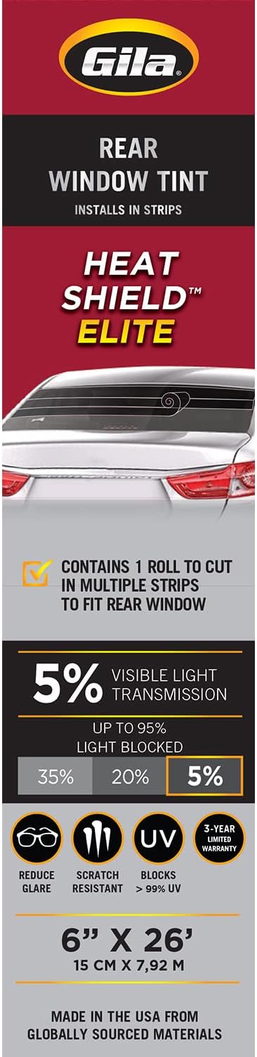 Gila® Heat Shield Elite™ 5% Rear Window Ceramic Automotive Window Tint DIY Advanced Heat Control Glare Control (6in x 26ft Strips)