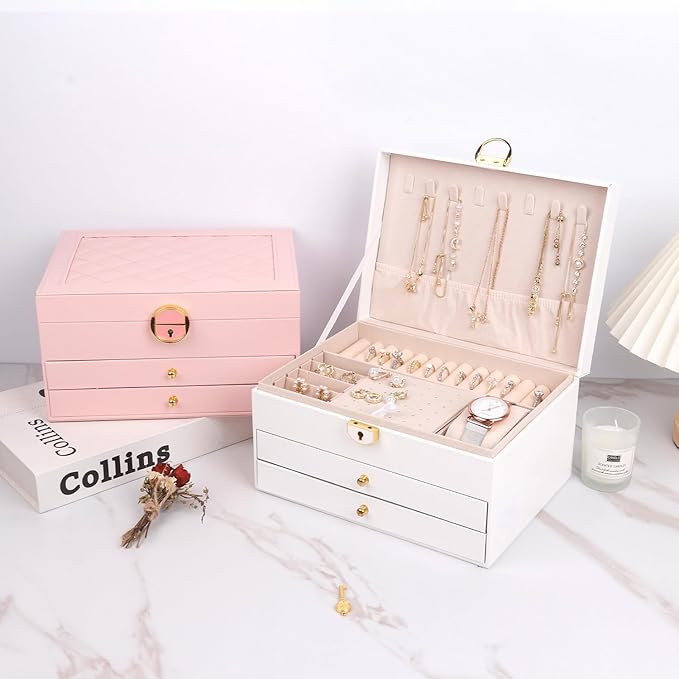 3 Layer Jewelry Box Organizer with Drawers, Lockable PU Leather Jewelry Storage Case for Mothrer's Day gifts Necklace Earring