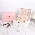 3 Layer Jewelry Box Organizer with Drawers, Lockable PU Leather Jewelry Storage Case for Mothrer's Day gifts Necklace Earring