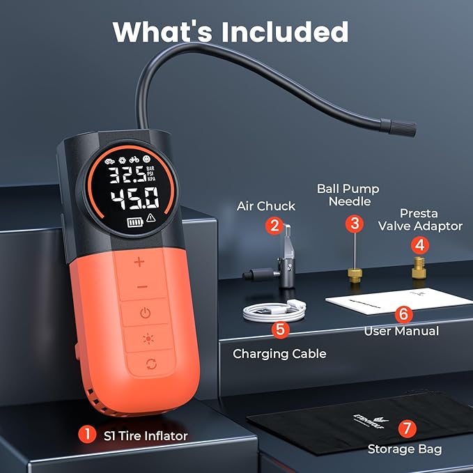 ETENWOLF S1 Tire Inflator Portable Air Compressor, 160PSI Air Pump for Car Tires, Bike, Motorcycle, Balls, Fast Inflation Tire Pump, Cordless bike Pump with LED Light & Digital Pressure Gauge (Orange)