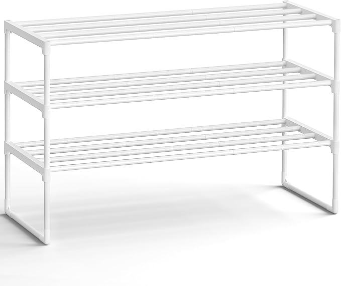 SONGMICS Shoe Rack, 3-Tier Shoe Organizer, Metal Storage Shelf, Upright or Upside Down, for 16-20 Pairs, Stackable, for Entry