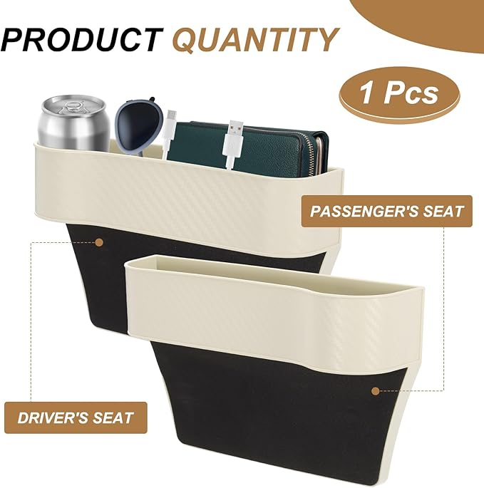 HARFINGTON Car Seat Gap Filler Organizer 10.2 x 6.5 x 2.8 Inch PP Universal Car Organizer Storage Box Between Seat and Console (Left) with Cup Holders for Phone Sunglasses Keys, Beige