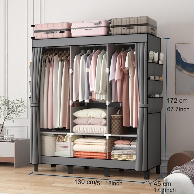Portable Closet, 51.18" Large Capacity Clothing Storage Organizer with 3 Hanging Rods 6 Shelves 18 Side Pockets, Dustproof St