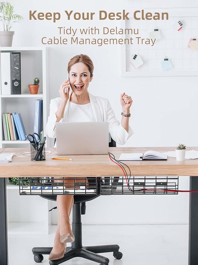 2 Pack DELAMU Under Desk Cable Management Tray, Large Metal Cord Organizer, Office & Home Cord Wire Management Under Desk She
