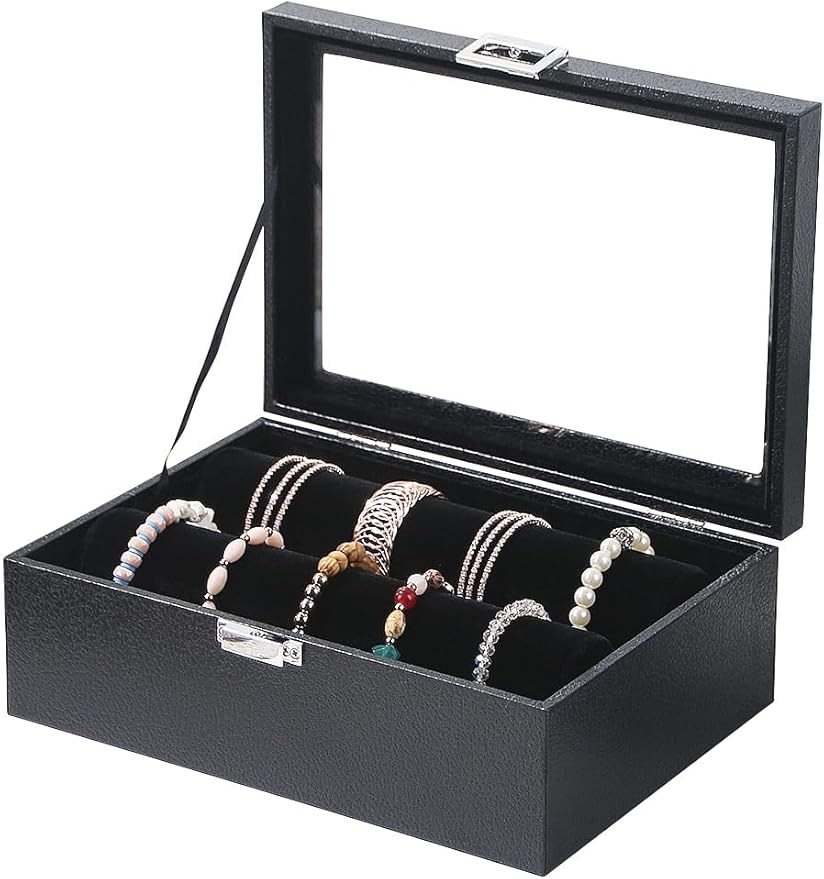 Bracelet Holder Organizer Box, Jewelry Storage Case with 2 Rods, Bangle Watch Display Tray for Women Girls (Black)