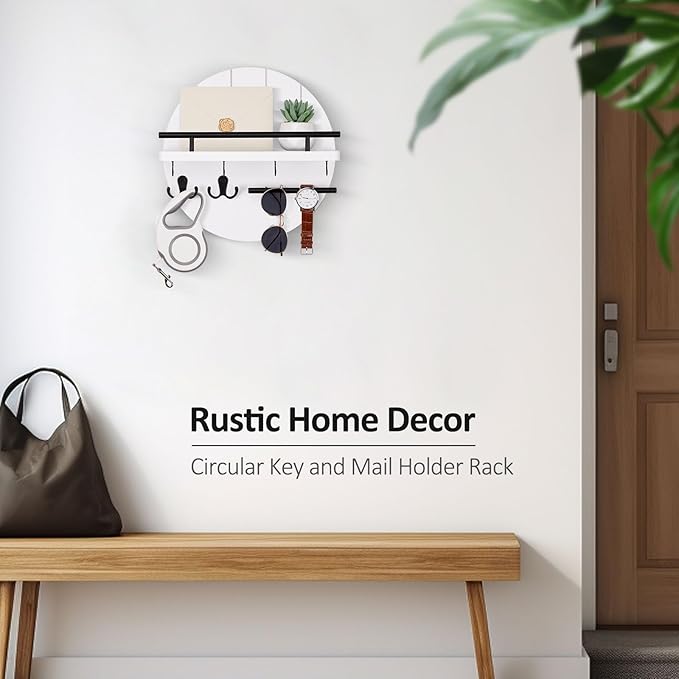 Nekon Rustic Wall Mount Key Organizer, 11.8 Inch Rack with Shelf and 6 Hooks, Circular Wooden Key Hanger for Entryway Hallway