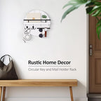 Nekon Rustic Wall Mount Key Organizer, 11.8 Inch Rack with Shelf and 6 Hooks, Circular Wooden Key Hanger for Entryway Hallway