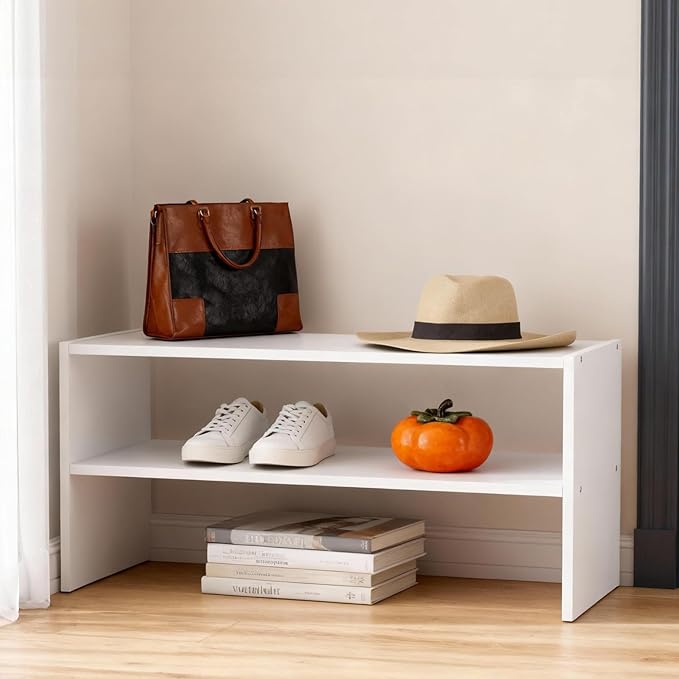 DUMOS 31 Inch Stackable White Shoe Rack, 2-Tier Wooden Storage Benches Organizer, Freestanding Entryway Bench for 6-9 Pairs S