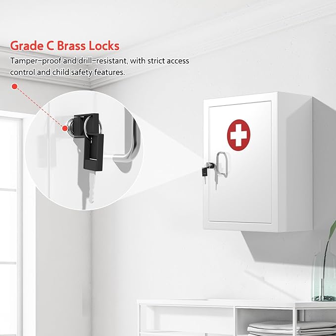 Locking Medicine Cabinet Wall-Mount: Storage Cabinet with Lock & Key - White Metal First Aid Kits for Childproofing and Famil