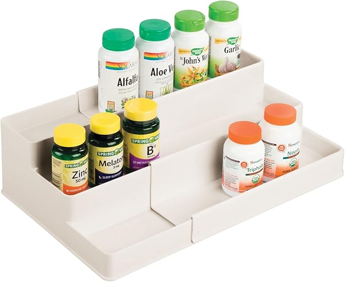 mDesign Plastic Expandable 3-Tier Shelf Rack Organizer - Storage for Bathroom Vanity, Cabinet, Cupboard, Drawer - Holds Medic
