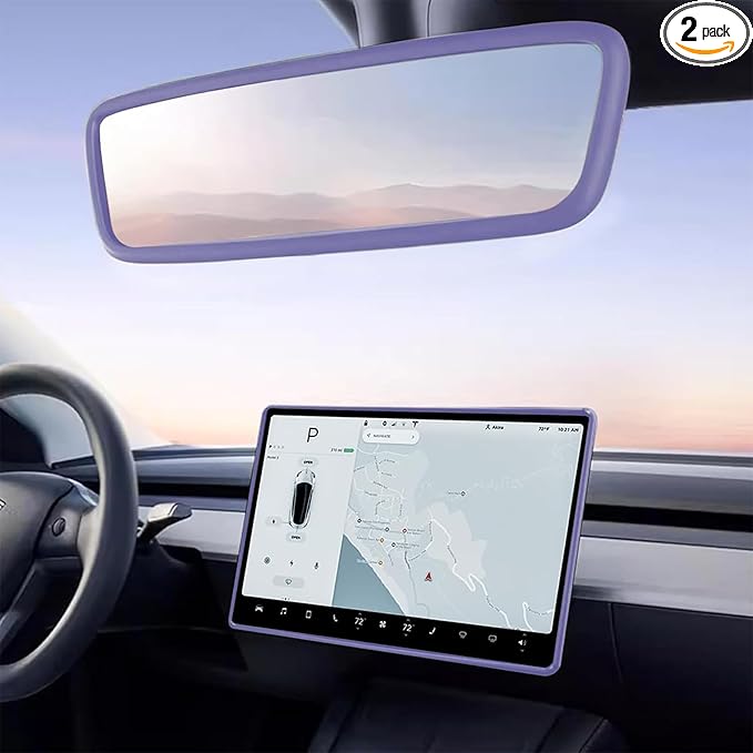 2PCS Protector Trim Frame Compatible with Tesla Model 3 Y 2020-2024 2025 2026 Screen Edge Frame Rearview Mirror Cover Interior Decorations Center Console Decor Highland Juniper Accessories (Purple)