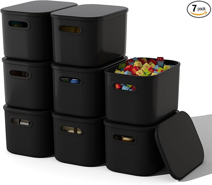 ORGIDOL 8 Pack Black Storage Bins with Lids Stackable Storage Container for Organizing, Black Storage Boxes with Handle for S
