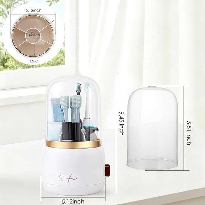 Toothbrush Holders for Bathrooms,Rotating 5-Slot with Cover and Draining Water,Kids Electric Toothbrush Holder and Toothpaste