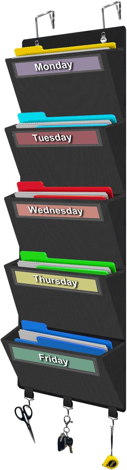 Weekly Over the Door File Organizer, Hanging File Folders Wall Organizer with 5 Large Pockets for Papers, Charts, Mails, Maga