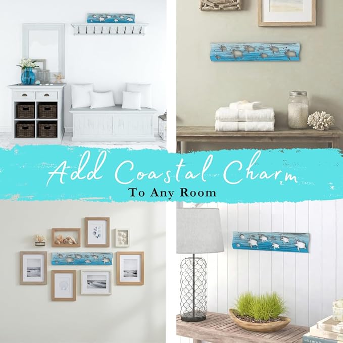 Sea Turtle Driftwood Wall Art & DIY Key Holder – Handmade Coastal Home Decor – 17.5" Genuine Weathered Wood Plank with 5 Remo